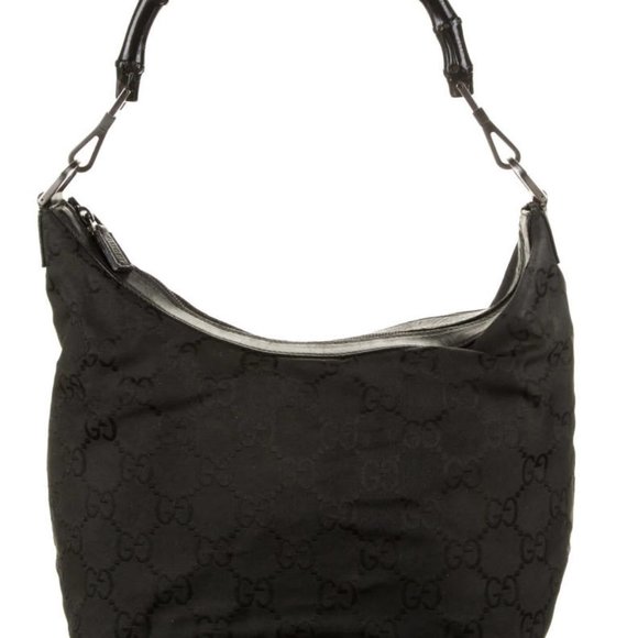 Gucci GG Black Nylon Bamboo Handle Hobo Bag Leather Trim Gunmetal Hardware - Picture 1 of 5